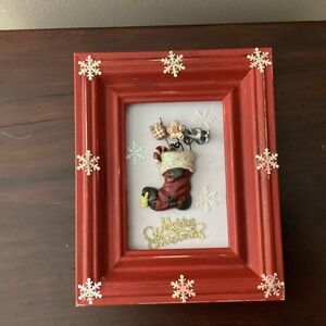 Hand crafted Christmas jewelry art brooch red frame snowflakes wooden upcycled